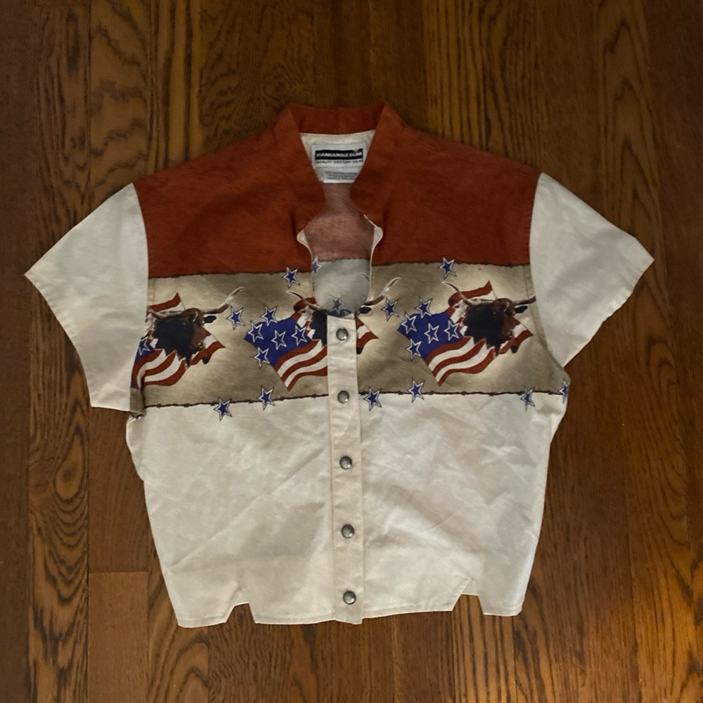 Panhandle Slim Red, White, Blue Western Flag Print Short Sleeve Top